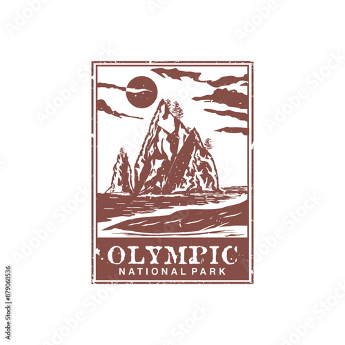 Olympic national park vector illustration in stamp style.