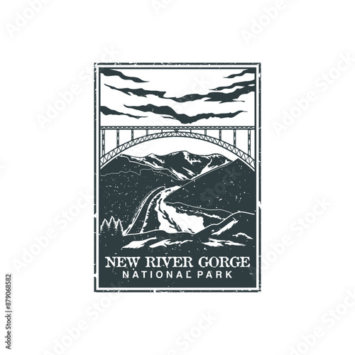 New River Gorge national park vector illustration in stamp style.