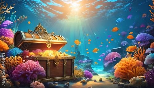 Sunlit ocean floor treasure chest with gold, surrounded by vibrant fish and coral photo