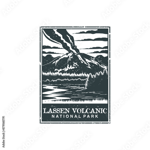 Lassen Volcanic national park vector illustration in stamp style.