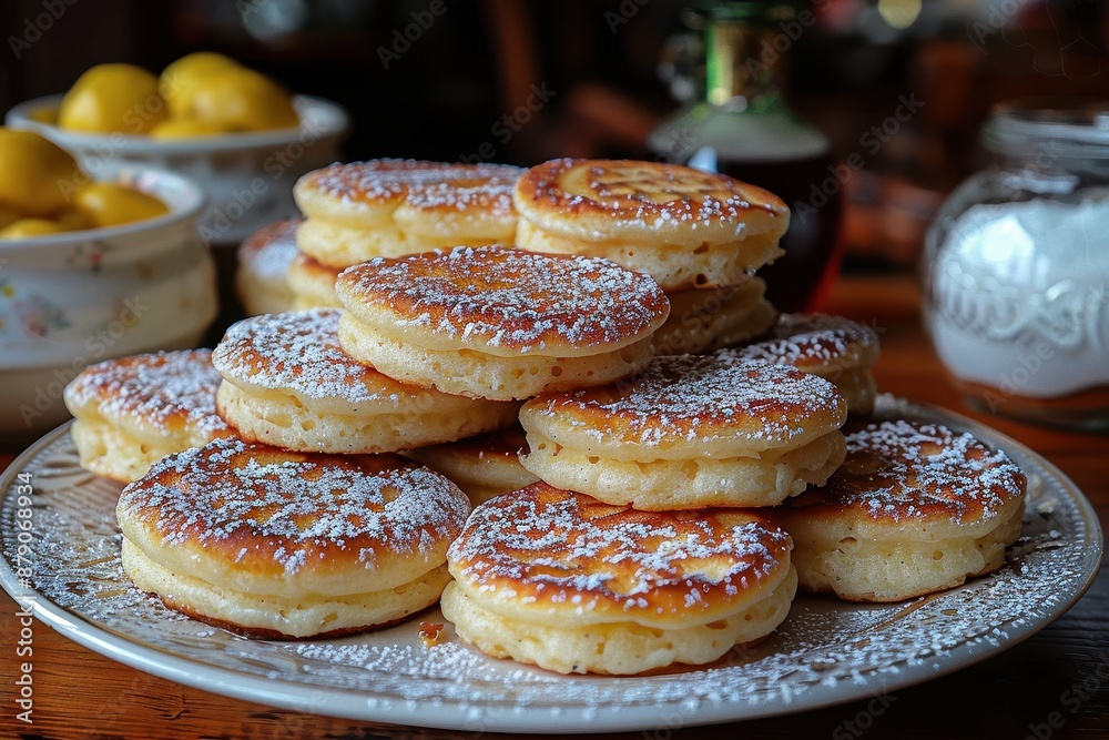A plate of Welsh cakes, dusted with sugar and served warm. A plate of Welsh cakes, dusted with sugar and served warm.