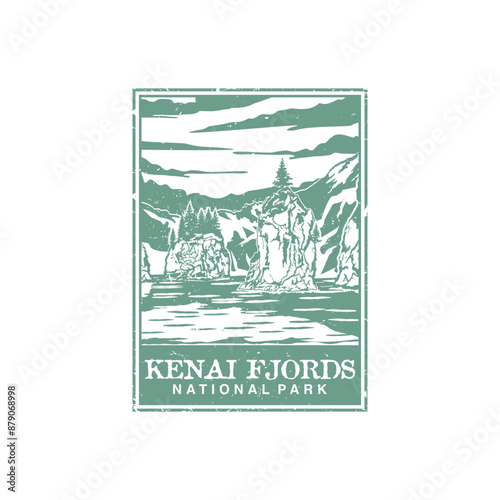 Kenai Fjords national park vector illustration in stamp style.