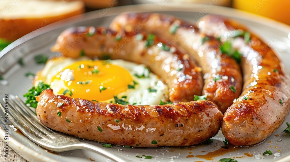 Fototapeta premium Delicious breakfast with fried eggs and sausages served.