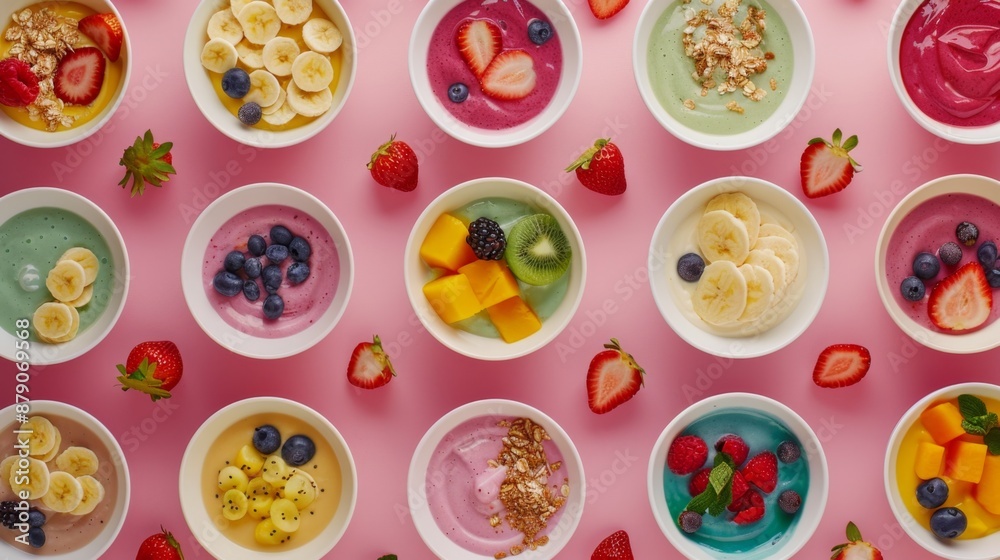Colorful Smoothie Bowls with Fruits.