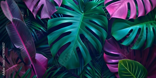 Neon palm leaves creating a tropical party vibe in a dark jungle. Concept Neon Lights, Tropical Party Vibes, Dark Jungle, Palm Leaves, Colorful Atmosphere