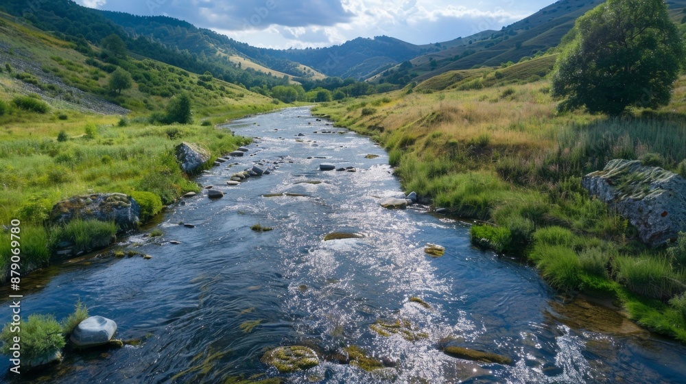 Serene River Winding Through Lush Green Valley. Serene River Winding Through Lush Green Valley.