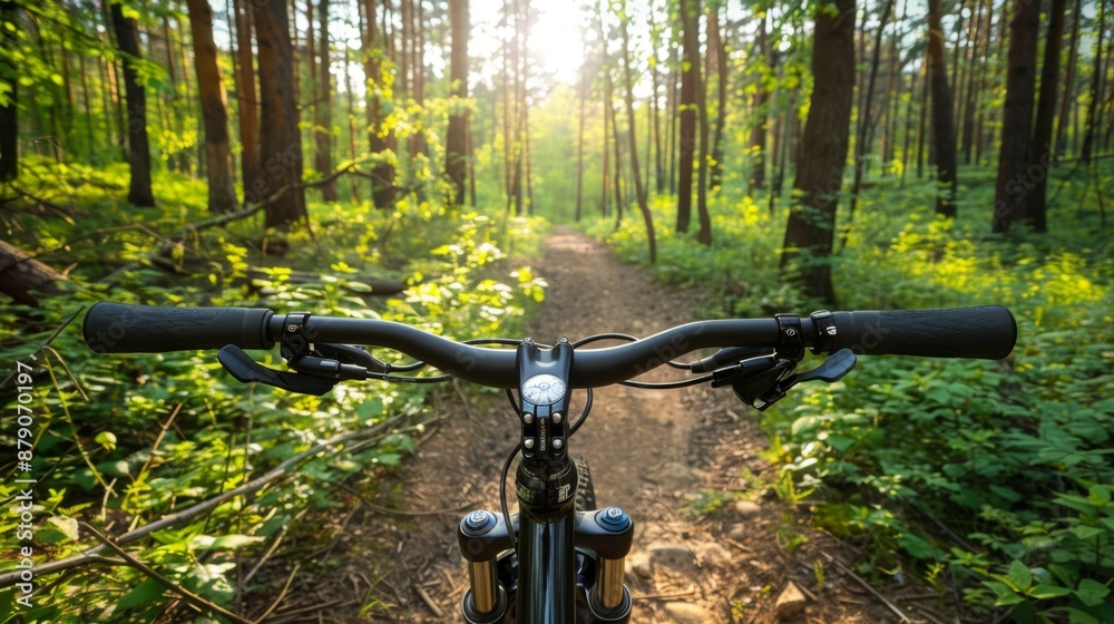 Mountain bike handlebars on a forest trail. Mountain bike handlebars on a forest trail.