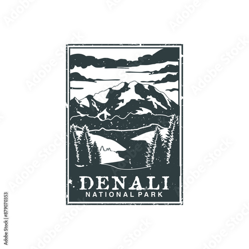 Denali national park vector illustration in stamp style.