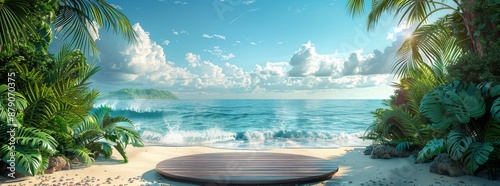 tropical beach background with podium scene for summer product display and vacation concept, tropical leaves and ocean waves in the sand