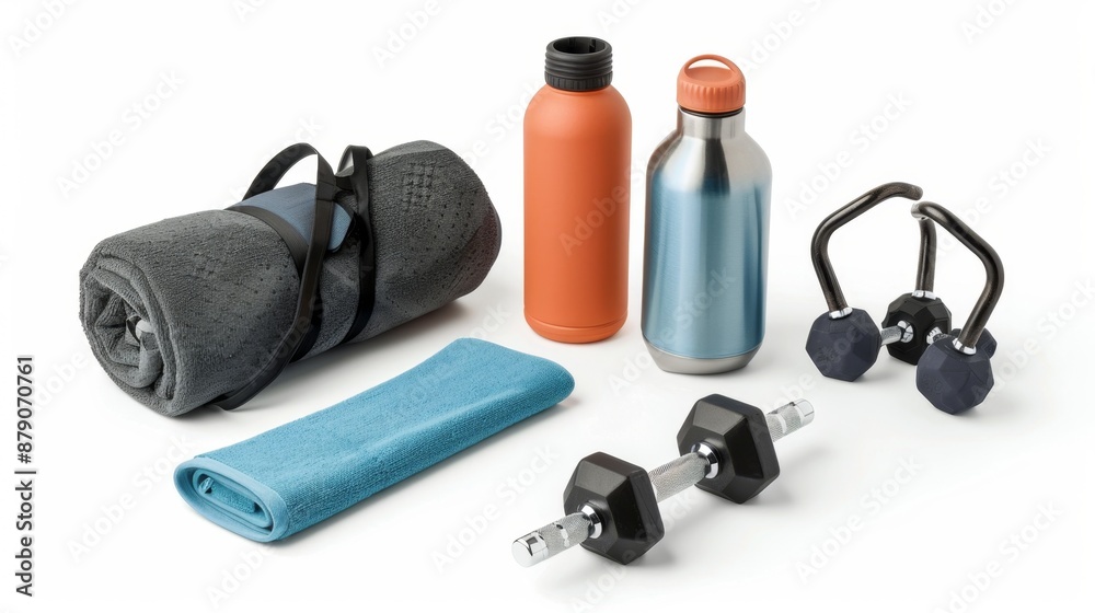 Gym Essentials Dumbbells, Water Bottles, and Towels. Gym Essentials Dumbbells, Water Bottles, and Towels.