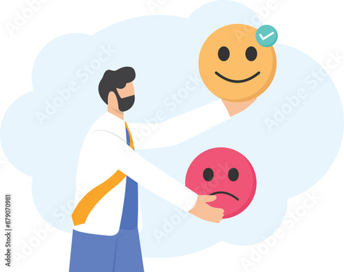 Man Giving Positive Feedback. Men are choosing customer feedback for great smiles. Customer giving rating based on experience or quality from product and service, survey, opinion and review. vector

