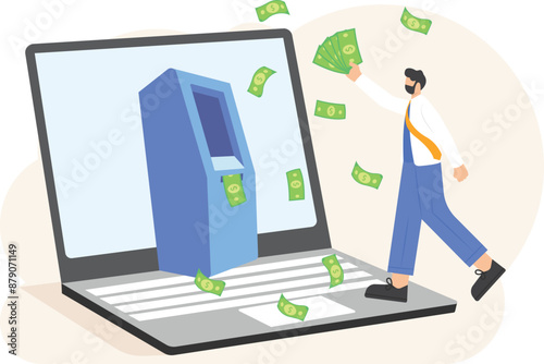 bank card, automated teller machine, getting cash. A female customer standing near an ATM. perform financial transactions using an ATM. Vector illustration.

