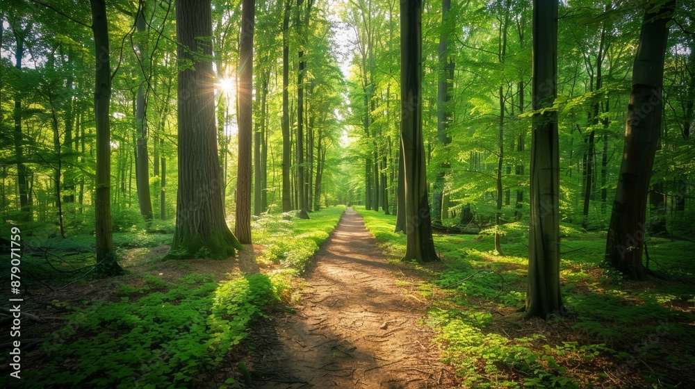 Obraz premium Sunbeams Through The Trees In The Forest.