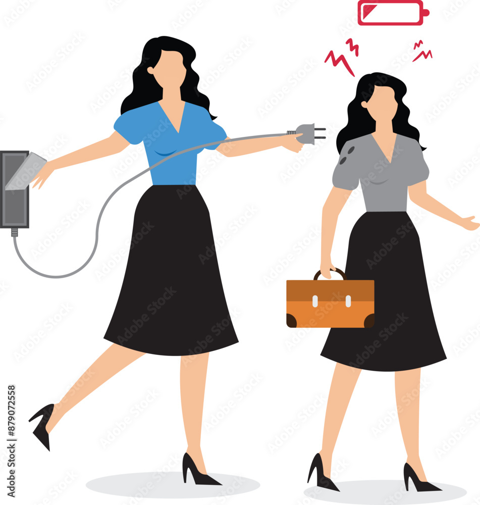 Recharge energy or restore enthusiasm for work, refreshing from overwork or tiring activities, businessman connects electrical plug to power source to recharge low battery exhausted businesswoman work Recharge energy or restore enthusiasm for work, refreshing from overwork or tiring activities, businessman connects electrical plug to power source to recharge low battery exhausted businesswoman work