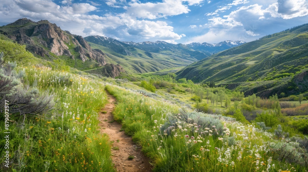 Fototapeta premium Hiking Path Through Wildflowers in a Mountain Valley.
