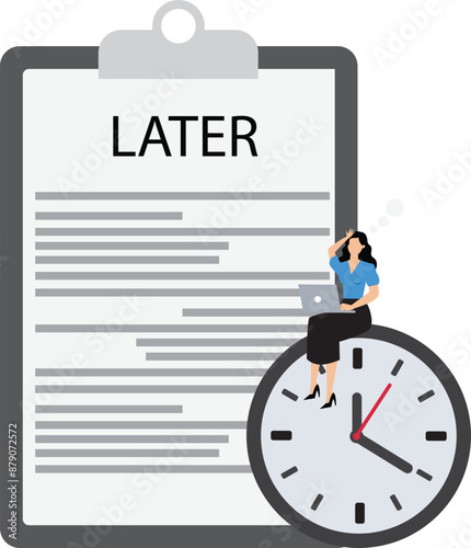 Stressed because a lot of work has piled up, delaying work or wasting time, Stressful businesswoman complete work that has piled up because they are wasting time concept