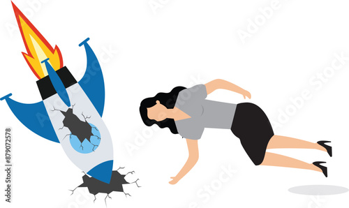 Failed and crashed business rocket startup, sad businesswoman with broken rocket illustration, business failure concept