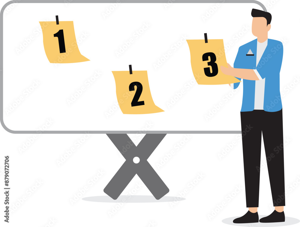 Work priorities schedule, Set a schedule for which work should be prioritized and put aside, Division of work time or task management, Business people organize work priorities with sticky notes