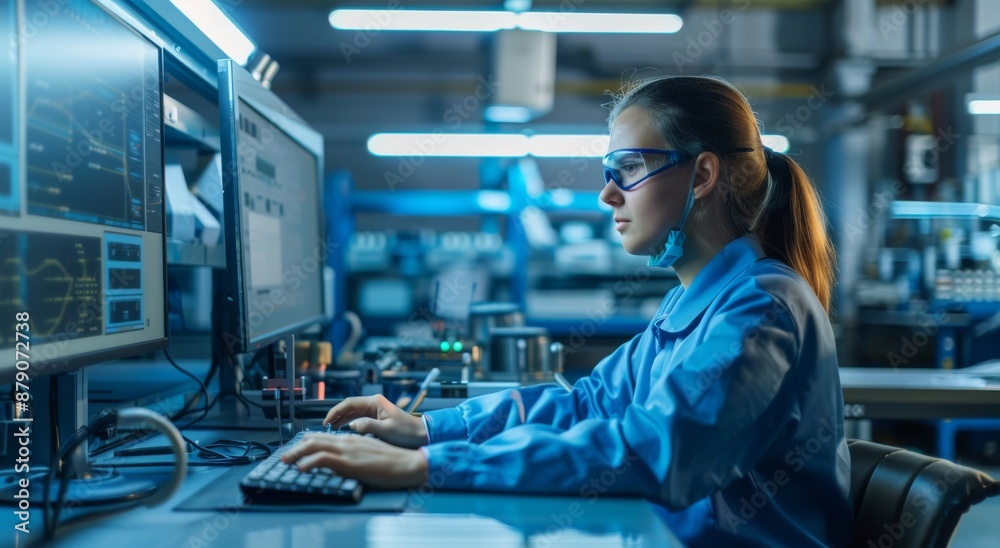 Female engineer working on computer in high-tech laboratory wearing protective gear Female engineer working on computer in high-tech laboratory wearing protective gear