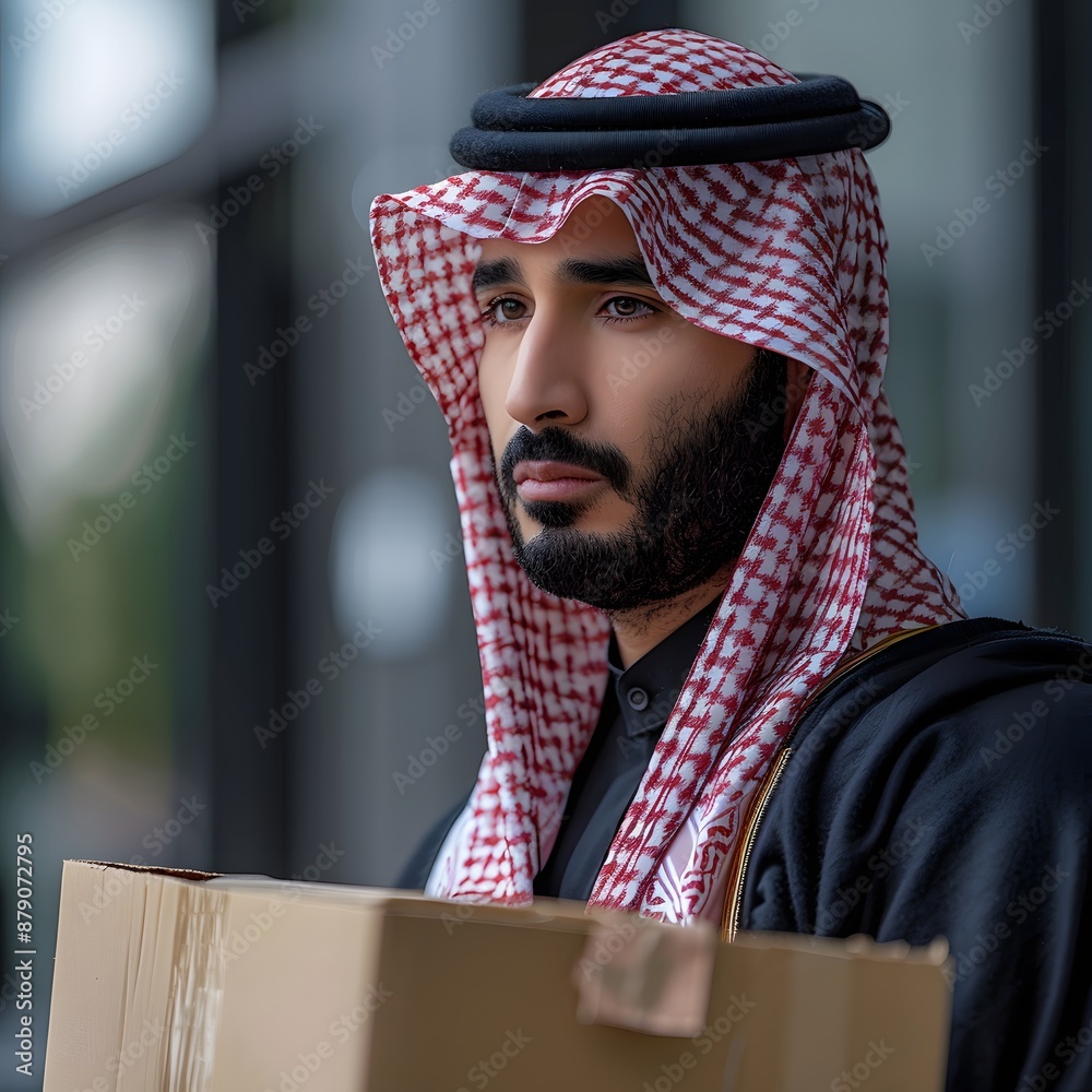 A Middle Eastern Man in Traditional Attire Holds a Box A Middle Eastern Man in Traditional Attire Holds a Box