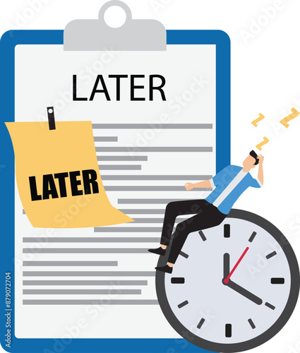 Procrastination or wasting work time with businessman sleeping leaning on an alarm clock with the word later written on paper sticky notes, delaying work or wasting time, laziness to do a task or job