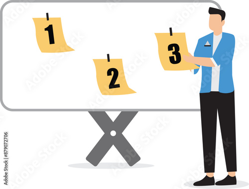Work priorities schedule, Set a schedule for which work should be prioritized and put aside, Division of work time or task management, Business people organize work priorities with sticky notes