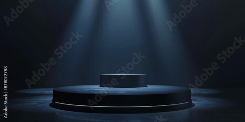 Dark background with a soft spotligth en the center, a minimalist podium in the center, front side view photo