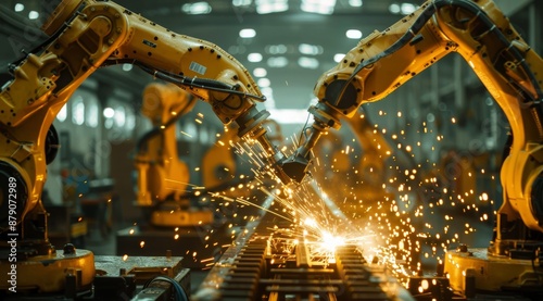 Industrial robotic arms welding in a factory with sparks flying