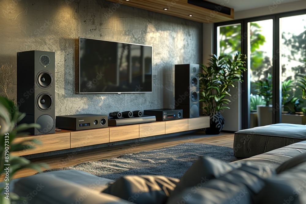 View of A conceptual flat design illustration of a smart home music system ...