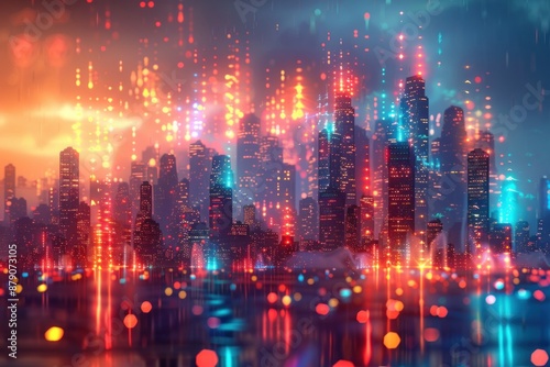 Wallpaper Mural An imaginative flat design illustration featuring a 3D cityscape where buildings transform into musical instruments, emitting soundwaves and musical notes into the sky. The city is depicted in a Torontodigital.ca