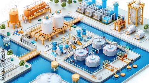 Isometric illustration of an industrial water treatment plant with various equipment, pipes, and storage tanks in a detailed layout.