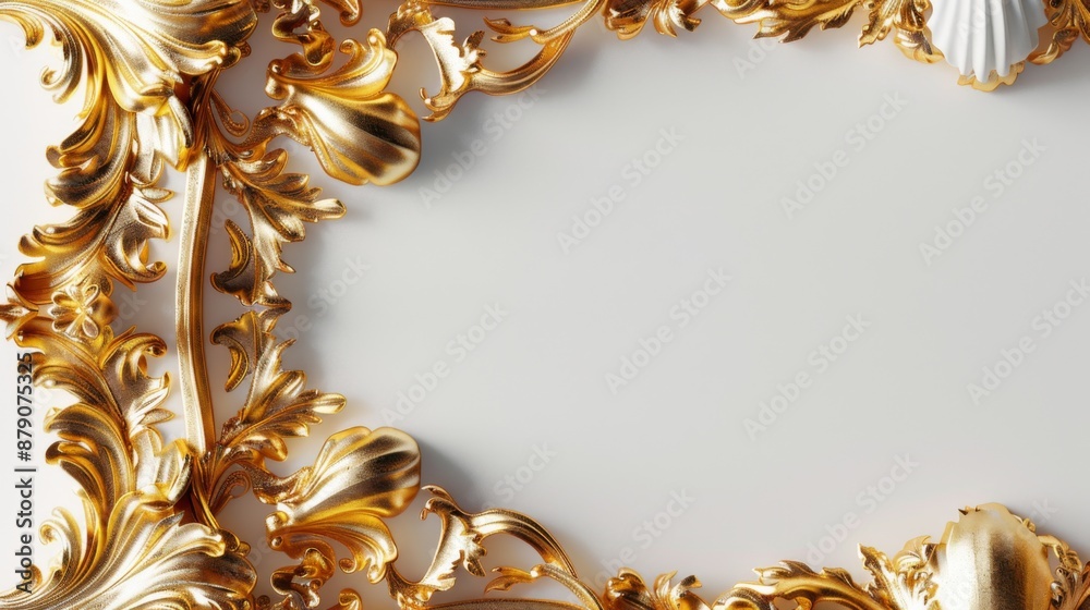 Gold relief frame with floral pattern in baroque or rococo style. Ornamental decorative relief frame. A golden baroque-style frame with acanthus leaves and shell motif Gold relief frame with floral pattern in baroque or rococo style. Ornamental decorative relief frame. A golden baroque-style frame with acanthus leaves and shell motif