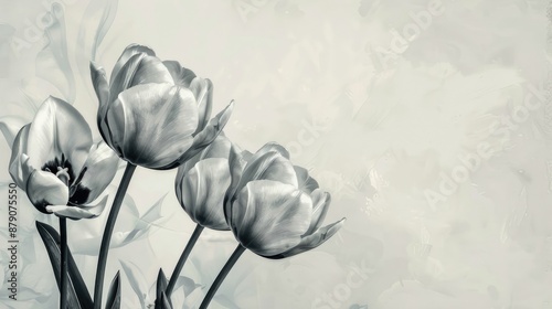 Vintage Style Gray Painted Tulip Flowers on Light Background