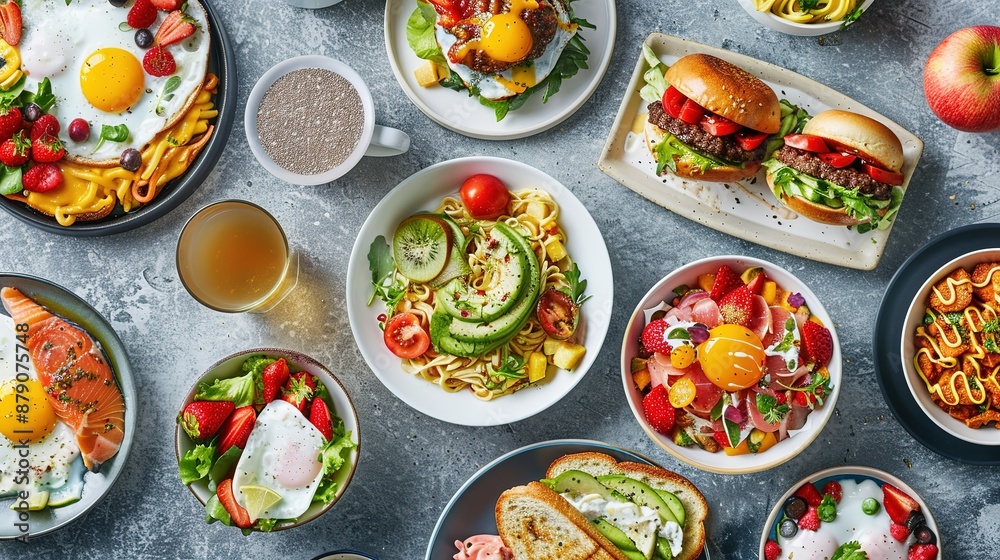Delicious Flat Lay of Poached Egg on Toast with Avocado and Greens, Tomato Noodles, Small Sandwiches with Salad and Fruit, and Granola with Fruits. Perfect Breakfast or Brunch Delicious Flat Lay of Poached Egg on Toast with Avocado and Greens, Tomato Noodles, Small Sandwiches with Salad and Fruit, and Granola with Fruits. Perfect Breakfast or Brunch