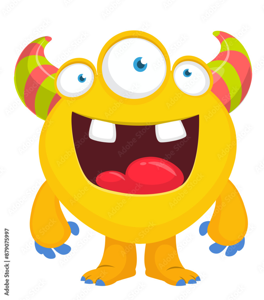 Obraz premium Cartoon cute monster with funny excited face expression waving hands . Vector illustration isolated on white. Halloween design