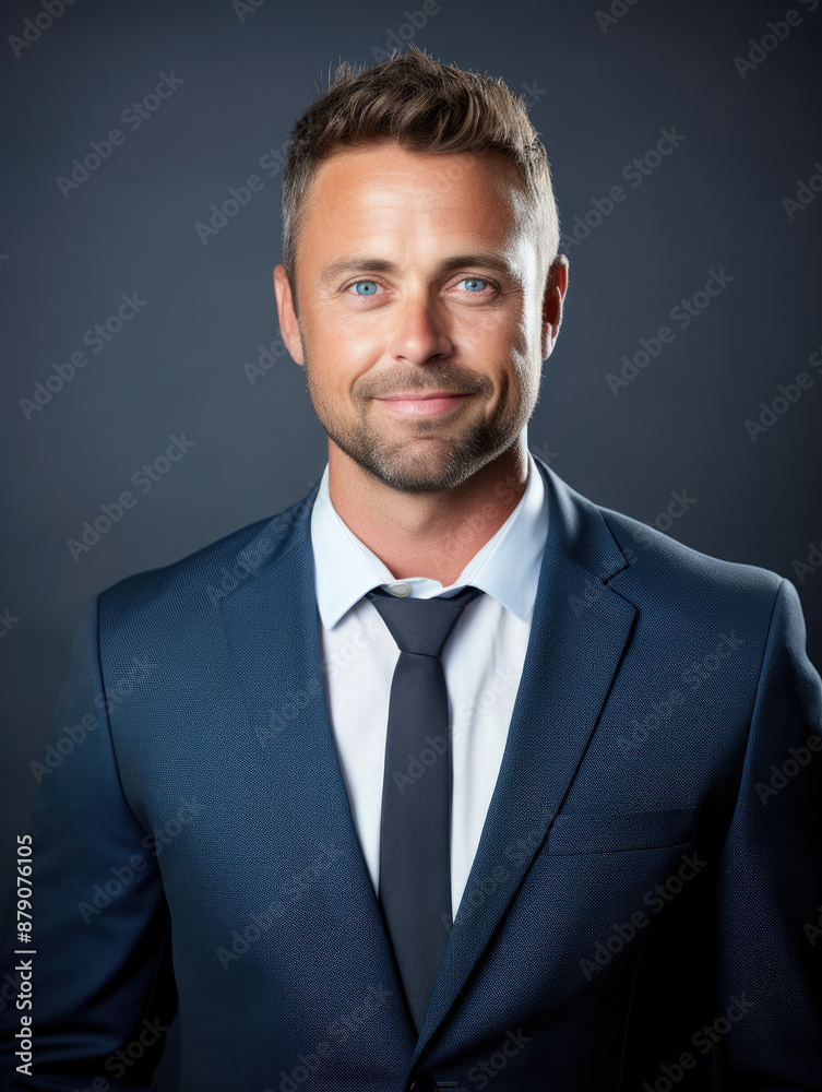 portrait of confident smiling professional handsome male business corporate Hiring Manager with neat appearance wearing smart blue business suit with blazer and tie on dark background front view portrait of confident smiling professional handsome male business corporate Hiring Manager with neat appearance wearing smart blue business suit with blazer and tie on dark background front view