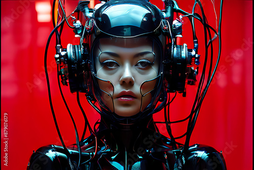  body portrait photography in a black laboratory full of cables and wires and led standing an attra, a woman wearing a futuristic helmet in a dark room
 photo