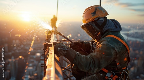 A worker in protective gear operates a blowtorch on a steel girder, with the expansive view of the city below, capturing the intensity and precision of the task photo