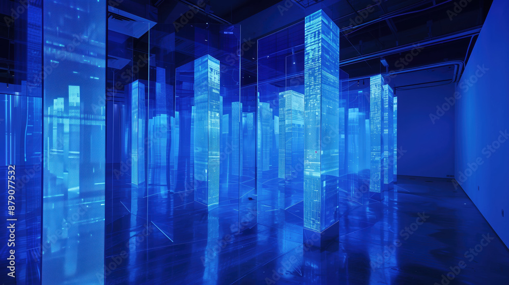 Vibrant Cobalt Blue Holographic Art Installation with Reflective Surfaces Vibrant Cobalt Blue Holographic Art Installation with Reflective Surfaces