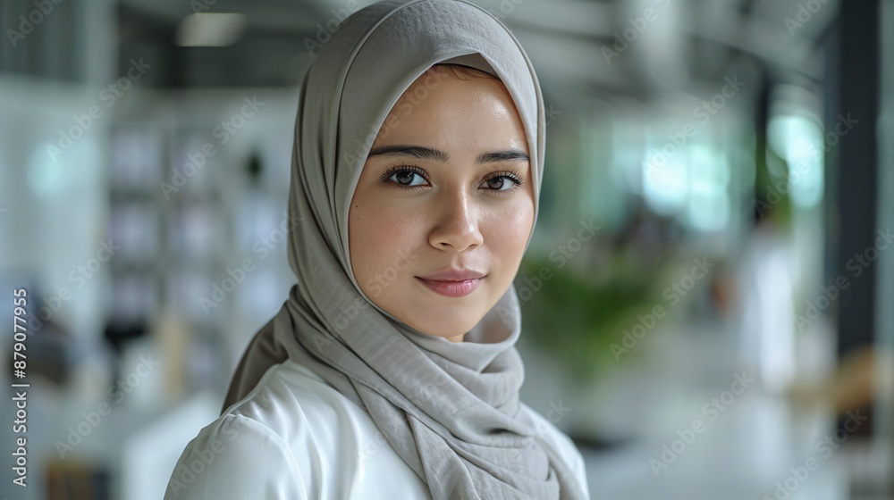 Professional mid-aged hijab woman, clean call center setting, responding to an urgent call, focused expression, still life photo. Professional mid-aged hijab woman, clean call center setting, responding to an urgent call, focused expression, still life photo.