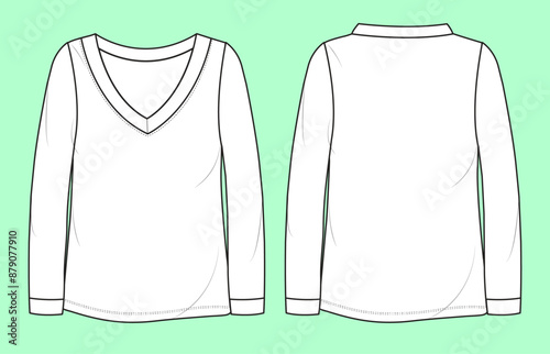 ladies nightwear v neck long sleeve t-shirt fashion illustration flat sketch vector.
