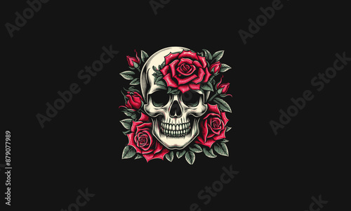 head skull with red rose vector tattoo design