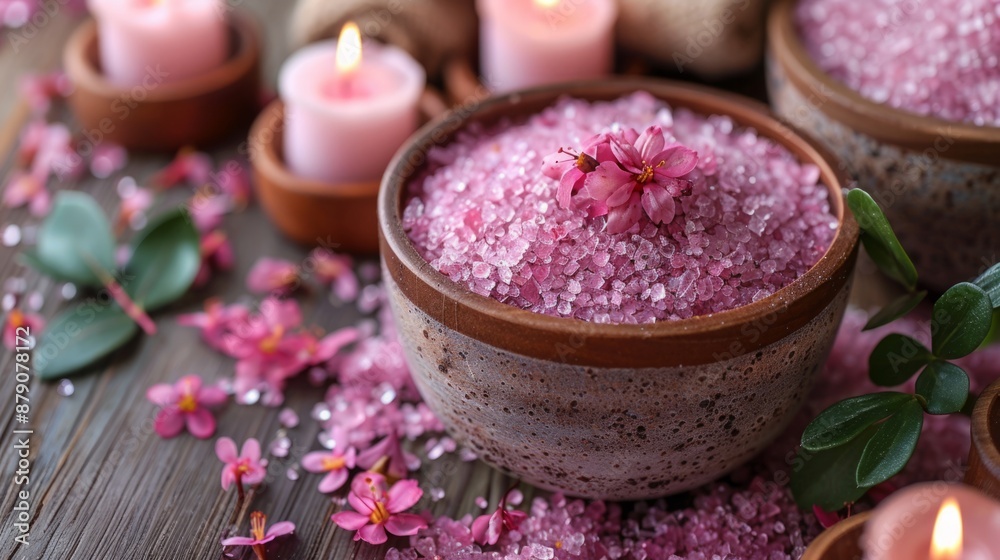 Pink Himalayan salt in a bowl, with pink flowers and lit candles on a wooden table. Pink Himalayan salt in a bowl, with pink flowers and lit candles on a wooden table.