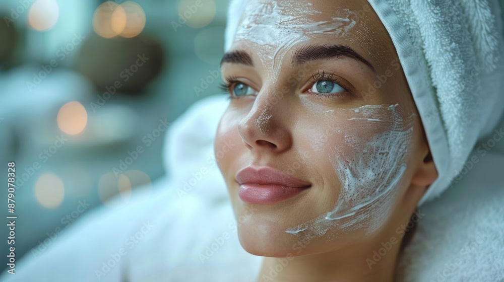 A woman with a white facial mask on her face, relaxes at a spa, her eyes closed and a peaceful expression.