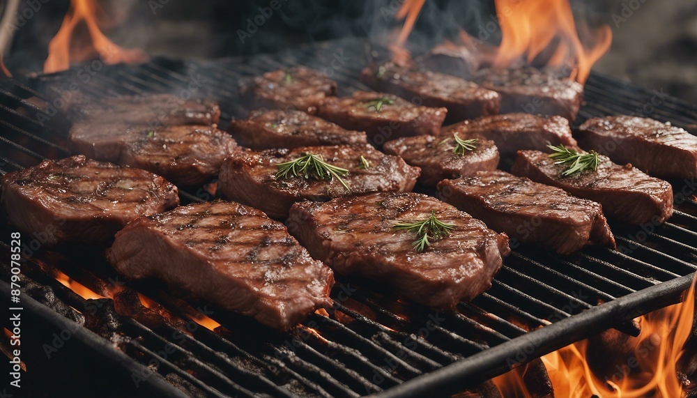 Sizzling steaks grilled over open flames with herbs and seasonings on a rustic grill grate amidst crackling fire and warm ambiance. Sizzling steaks grilled over open flames with herbs and seasonings on a rustic grill grate amidst crackling fire and warm ambiance.