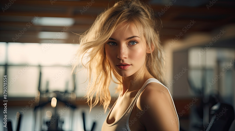 sensuality young blonde woman wearing sportswear practicing spinning in the gym looking ahead with blurred bokeh gym lights and exercise room sensuality young blonde woman wearing sportswear practicing spinning in the gym looking ahead with blurred bokeh gym lights and exercise room