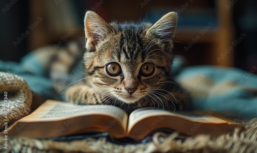 Curious Kitten Reading a Book on Cozy Blanket Indoors, Cute Pet Relaxing During Daytime, Learning Concept, Close-Up Capture with Warm Lighting