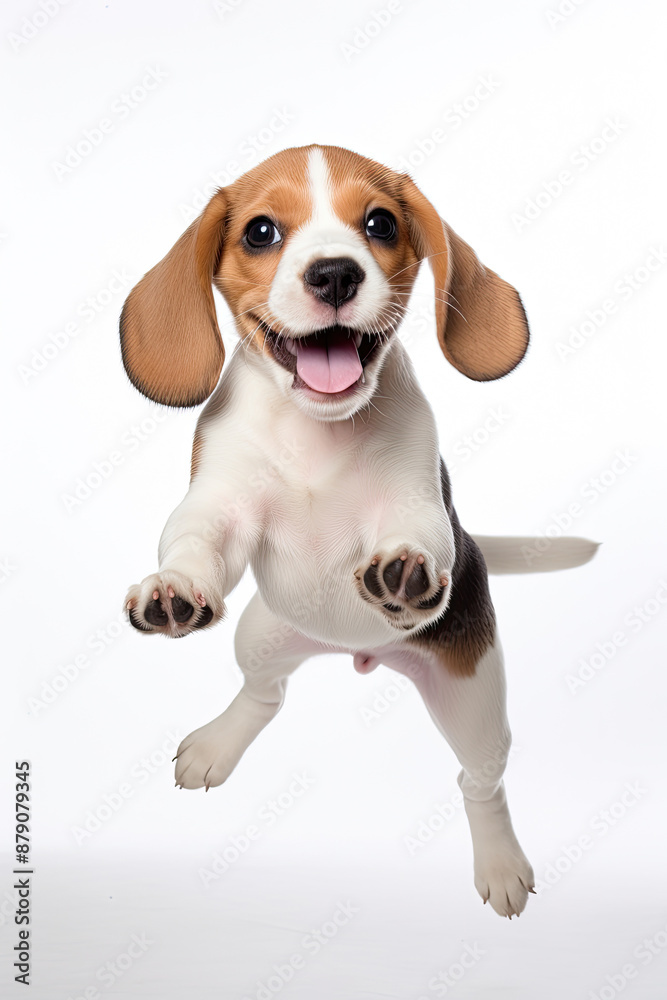 Beagle puppy dog jumping posing in the air with happy expression isolated on white background