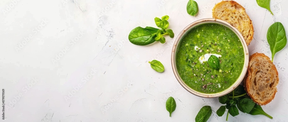 Creamy spinach soup with a dramatic and clear presentation, emphasizing its vibrant green color and smooth texture Perfect for culinary-themed designs or recipe illustrations Creamy spinach soup with a dramatic and clear presentation, emphasizing its vibrant green color and smooth texture Perfect for culinary-themed designs or recipe illustrations