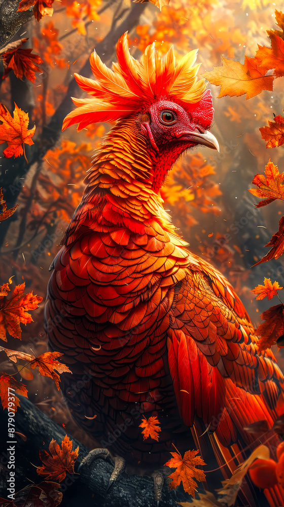 Fototapeta premium Vibrant Rooster with Red Feathers Amidst Autumn Leaves in a Thanksgiving-Themed Forest Setting During Sunset